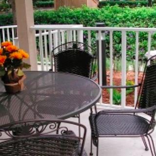 A cozy outdoor patio featuring a table and chairs, adorned with a vibrant potted plant.