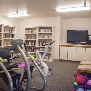 A multi-use room combining a gym and library, featuring exercise equipment and bookshelves.