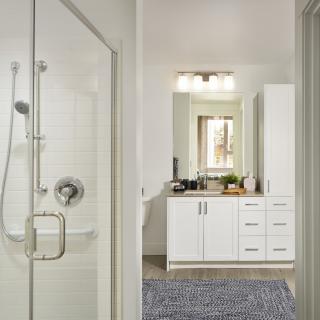 A modern, well-lit bathroom featuring a glass shower and a white vanity with decorative elements.
