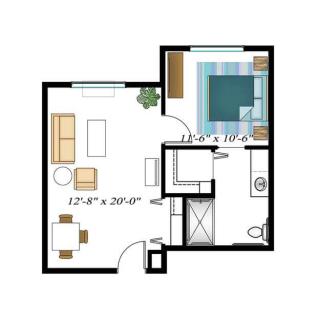A simple floor plan of a one-bedroom apartment with a living room, kitchen, and bathroom.