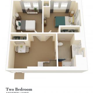 3D floor plan of a two-bedroom apartment layout.