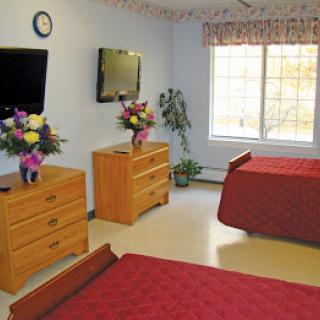 A hospital room with two beds, a television, dressers with flowers, and a window.