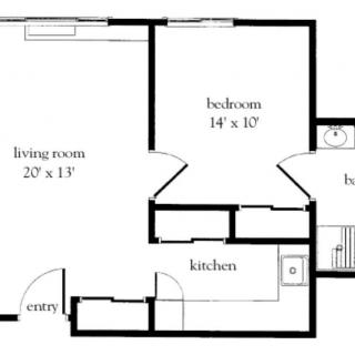 A floor plan showing an apartment layout with a living room, bedroom, kitchen, and entry.