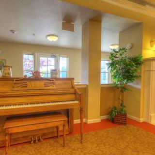 A cozy room featuring a wooden piano with a matching bench, complemented by a potted plant and natural light from the windows.