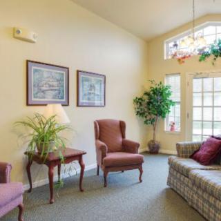 A cozy living room with armchairs, a couch, decorative plants, and framed artwork on the wall.