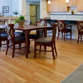 A cozy dining area with wooden flooring and furniture connected to a kitchen.