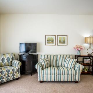 A cozy living room with a striped sofa, patterned armchair, and a TV on a stand, complemented by wall art, a table lamp, and decorative flowers.