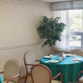 A dining area with a table set for four, featuring teal tablecloths and an indoor plant by the window.