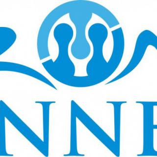 A blue logo with abstract shapes and text.