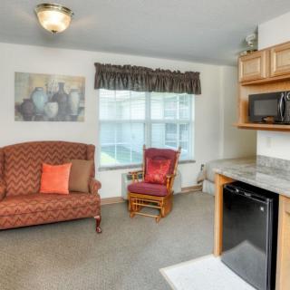 A cozy living room with a sofa, armchair, and kitchen area.