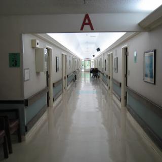 A quiet corridor in a hospital, featuring patient rooms and bright overhead lighting.