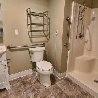 An accessible bathroom equipped with a toilet, shower, handrails, and towel rack.