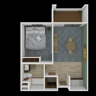A 3D-rendered floor plan of a small apartment featuring a bedroom, living room, and bathroom.