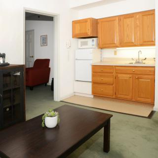 Compact apartment kitchen area with wooden cabinets and a simple living space.