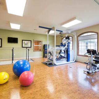 A well-equipped gym with exercise balls, a treadmill, and other workout machines.