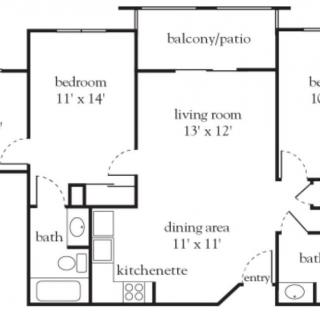 A floor plan of a two-bedroom apartment with a living room, kitchenette, dining area, two bathrooms, and a balcony/patio.