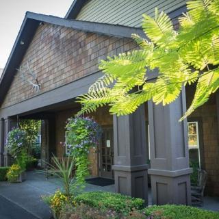 The entrance of a building surrounded by lush greenery and plants.