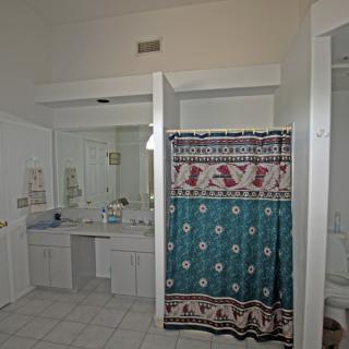 A spacious bathroom with a large mirror, sink area, and a decorative shower curtain.