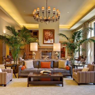 A beautifully decorated living room featuring a large chandelier, comfortable seating, and lush indoor plants.