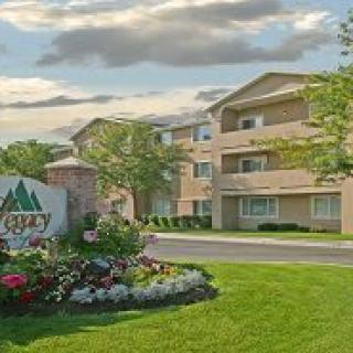A suburban apartment complex with well-maintained landscaping.