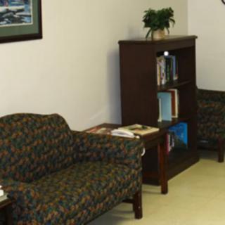 A cozy waiting room with comfortable chairs, a bookshelf filled with books, and a small plant on top.