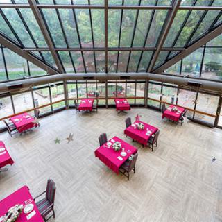 A spacious dining area with red tablecloths and large glass windows offering a view of the surrounding nature.