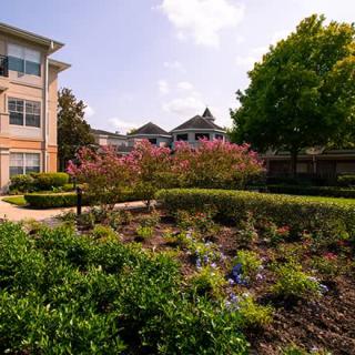 A well-maintained garden in an apartment complex under a clear, sunny sky.
