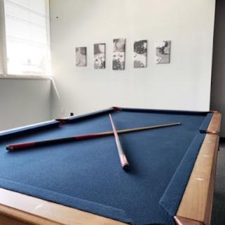 A pool table with crossed cue sticks and artistic photographs hanging on the wall.