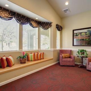 A cozy living room with a window seat adorned with colorful cushions, two armchairs, and decorative plants.