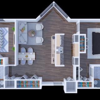 A 3D rendered floor plan showcasing a modern home interior layout.