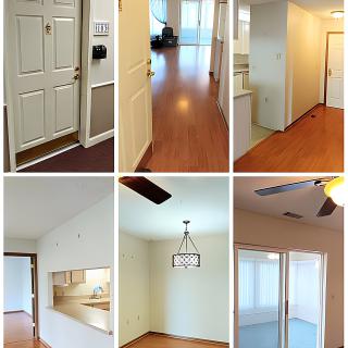 A collage of apartment interiors showcasing the entrance, hallway, kitchen, dining area with a ceiling fan, and a living space with sliding doors.