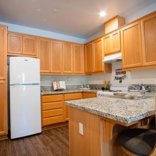 A modern kitchen with wooden cabinets and a granite countertop, featuring a white refrigerator and stovetop.