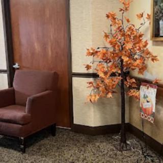 A cozy waiting area decorated with an autumn-themed tree and a comfortable chair.