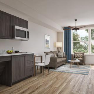 Modern living area with an integrated kitchen and cozy seating.