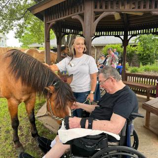 A caregiver assists a person in a wheelchair as they enjoy a gentle interaction with a horse in an outdoor setting.