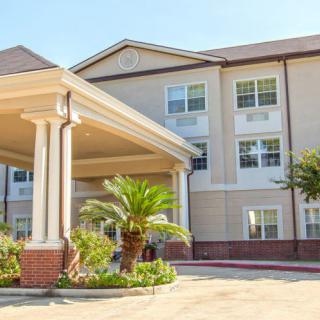 A modern hotel building with a covered entrance and palm trees in front.