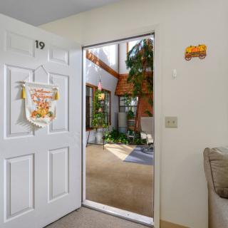 An open door reveals a sunlit indoor space with plants.