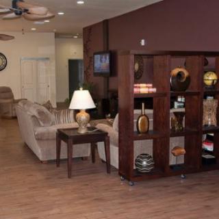 A cozy and well-decorated living room featuring a sofa, shelves with decorative items, and a lamp.