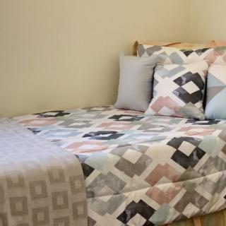 A neatly made bed with patterned bedding and pillows in a cozy bedroom.