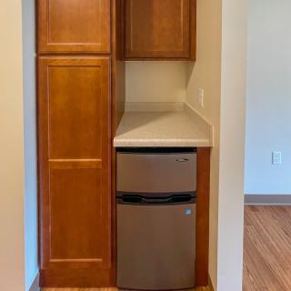 A small kitchen area featuring wooden cabinets, a mini fridge, and a countertop.