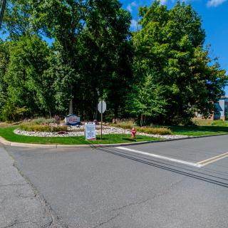 A serene intersection surrounded by lush greenery and clear skies.