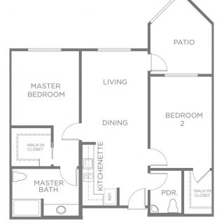 A floor plan showing a two-bedroom apartment with a living room, kitchenette, dining area, master bedroom with a master bath, and a patio.