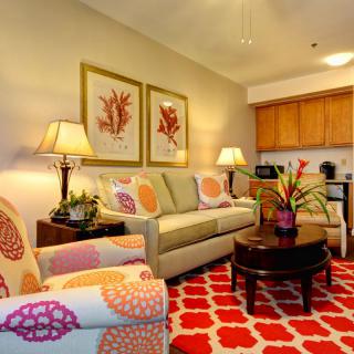 A vibrant living room with colorful decor and artwork, featuring a sofa, coffee table, and lamps.