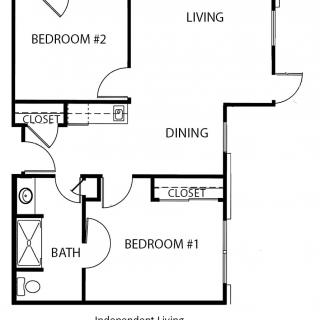A floor plan showing a two-bedroom, one-bathroom apartment with living and dining areas.