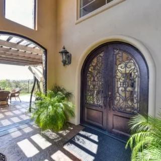 Elegant arched double doors with intricate wrought iron design open to a sunny outdoor patio area with lush plants.