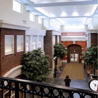A spacious, well-lit indoor hallway with brick walls and decorative trees.