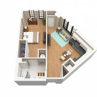 A 3D-rendered floor plan of a one-bedroom apartment featuring a living area, kitchen, bathroom, and bedroom.