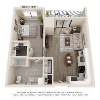 A 3D floor plan of a one-bedroom apartment featuring a kitchen, living room, bathroom, and balcony.