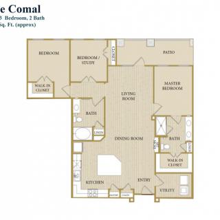 Floor plan of a two-bedroom, two-bathroom apartment layout.