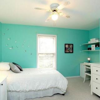 A cozy bedroom with turquoise walls, featuring a single bed, desk, and shelves.